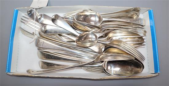 A matched service of 18th and 19th century silver flatware, crested, including two sets of six (dessert spoons and forks), 58.5 oz.